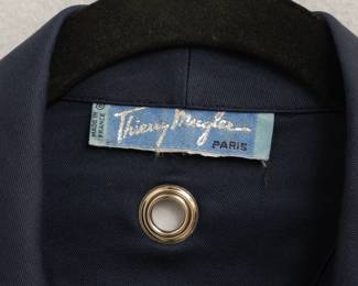 Closeup of vintage 80's Thierry Mugler navy blue cotton dress, made in France