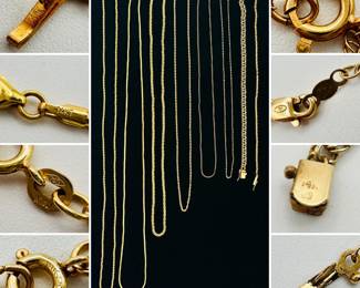A 24" 14k yellow gold rope chain necklace, 5.4 grams; a 24" 14kt yellow gold herringbone chain necklace, 10.7 grams; a 20" 18k yellow gold rope chain necklace, 13.9 grams; an 18" 14k yellow gold curb chain necklace, 2.1 grams, a 15" 14k yellow gold chain necklace, 0.4 grams, a 15" 14k yellow gold belcher chain necklace,  0.4 grams; a 6.75" 14k yellow gold double link chain bracelet, 7.6 grams, and a 7.25" 14k yellow gold rope twist chain bracelet, 2.3 grams 