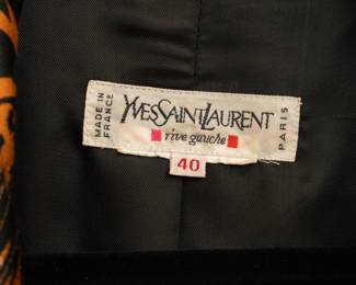 Closeup of the vintage Yves Saint Laurent animal print silk jacket, size 40, made in France
