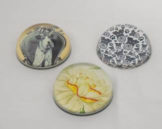Art glass paperweights, two are hand-signed and labeled from John Derian Company, Inc.