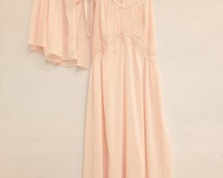 A vintage Marie A. Carriveau peach-colored nightgown and robe set with lace and ribbon detailing, sweet retro lingerie / sleepwear