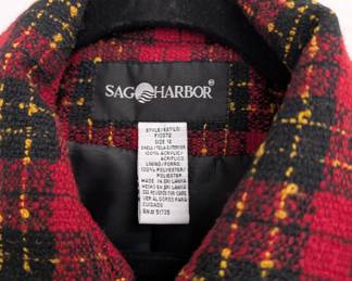 Closeup of Sag Harbor red, black, and yellow plaid knit zip front jacket, size 12