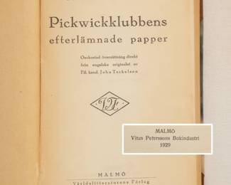 Inside page of Charles Dickens Pickwickklubbens, hardcover, published 1929 by Warldslitteraturens Forlag, Sweden