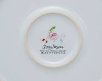 Closeup of one of four Juliska Berry & Thread Floral Sketch Cherry Blossom dessert/salad plates