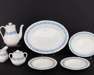 Nine Piece Wedgwood Embossed Queen's Ware Set includes coffee pot with lid, sugar with lid, creamer, two soup dishes, large platter, and medium platter.