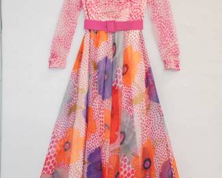 Vintage belted pink polka dots floral maxi dress