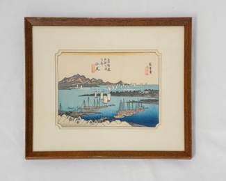 A framed woodblock print  of "Ejiri, one of the Tokaido 53 stations" by Hiroshige Ando (1797-1858) 