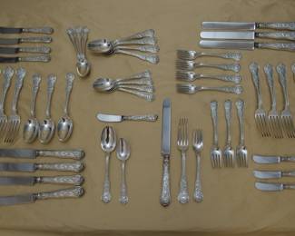 A stunning Tiffany sterling silver Olympian pattern flatware service for eight! Each place setting has six pieces. The multi-motif Olympian pattern was introduced by Tiffany & Co. in 1878 and is the most elaborate and complex of all Tiffany flatware designs – each piece of Olympian is designed to illustrate a well-known story of Classical mythology; the subjects vary on the different pieces. Marked with Tiffany & Co Sterling. We also have five serving pieces in the same pattern available at this sale!