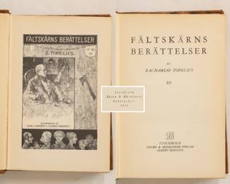 Inside pages of Faltslarms Berattelser av Zacharias Topelius, Vol. III and IV in one volume, hardcover published 1931 by Ahlen & Akerlunds Forlag, Sweden