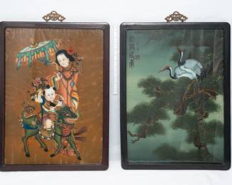Two vintage Chinese paintings, one features two red-crowned cranes perched on a pine tree, the other a small boy riding a mythical animal while attendant stands near.