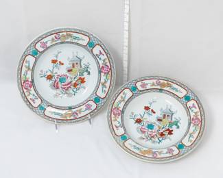 Pair of E F Bodley & Co antique plates in Chinese export porcelain pattern