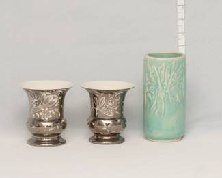 A gorgeous pair of Millicent Taplin for Wedgwood resist lustre vases circa 1925, footed trumpet form with platinum ground, painted with stylized floral sprays, Wedgwood of Etruria and Barlaston mark; and a vintage Nelson McCoy Pottery Butterfly pattern vase in an aqua matte glaze, circa 1940