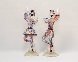 Pair of Murano Art Glass dancing Pierrot figures, handcrafted in Murano, Italy. This type of figure often represents characters from the Italian commedia dell'arte tradition, such as Pierrot or Harlequin. 