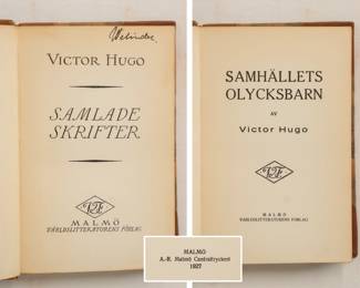Inside pages of Samhallets Olycksbarn av Victor Hugo, hardcover, published 1927 by Varldslitteraturens Forlag Malmo, Sweden