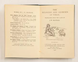 Inside pages of The Eclogues and Georgics of Virgil, translated from the Latin by J. M. Mackail, hardcover published 1926 by Longmans, Green, and Co. Ltd., London
