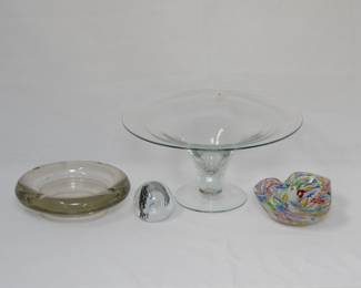 A vintage glass ashtray, a signed Caithness Scotland 'Acrobat' paperweight, a Blenko hand blown glass compote or pedestal bowl, and a Murano glass cigar ashtray