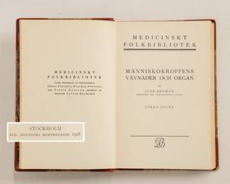 Inside page of one of four volumes of Medicinskt Folkbibliotek (Medical public library), hardcover, various medical/health topics per volume, published by Albert Bonniers, Sweden; volumes dated 1927 through 1930