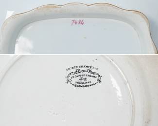 Closeups of the 19th century hand-painted cake plate, two handles, ornately decorated with central basket of flowers surrounded by patterned gilt border with scrolling acanthus leaves, and a rare 19th century Belgian black & white transferware ceramic plate by Belgian porcelain manufacturer J.B. Cappellemans Aine, Brussels