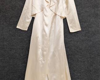 An ivory color (possibly Rayon) satin evening dress with matching boleo jacket – this would be an amazing wedding dress!