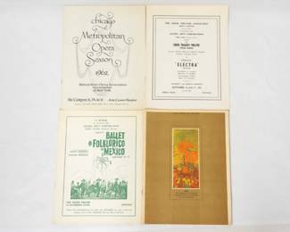 A Chicago Metropolitan Opera 1962 season program, a 1961 program for "Electra" at the Opera House Chicago, a 1963 flyer for Ballet Folklorico of Mexico at Arie Crown Theater, Chicago; and a program or brochure for the Lyric Opera of Chicago's 1966 season