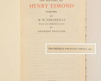 Inside page of The History of Henry Esmond Esquire by W. M. Thackeray, hardcover, published 1947 in The Novel Library series by Hamish Hamilton, London