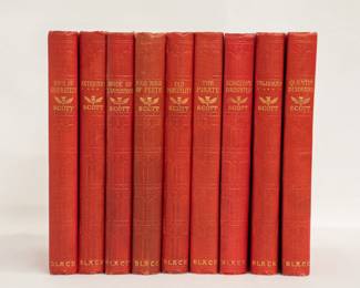 9 volumes of Sir Walter Scott's Waverly Novels, illustrated hardcovers published by Adam and Charles Black, London, 1901-1904, New Pocket Edition; consisting of Anne of Geierstein, Antiquary, Bride of Lammermoor, Fair Maid of Perth, Old Mortality, The Pirate, Surgeon's Daughter, Talisman, and Quentin Durward.