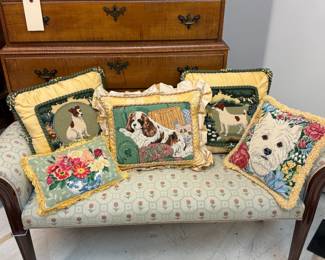 Vintage decorative needlepoint throw pillows with dogs and floral themes