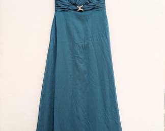 A beautiful Belsoie teal silk A-line formal dress with a V-neck and a rhinestone buckle at the shirred waist, size 14
