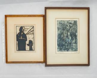 A signed Prescott Chaplein linoleum cut print titled "Saint," and signed Liliana Porter etching titled "Gallo Petrifcado," with the date 59 and the word Mexico, likely done when the artist was studying in Beunos Ares and Mexico City between 1954 and 1961.  