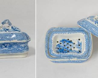 Antique blue and white transferware ceramic three-part soap dish  featuring a base, a removable inner drainer with holes, and a lid with a handle