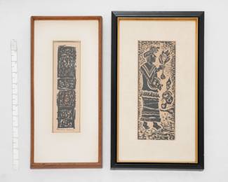 A framed R. Charlie Lyons (1940-2007) hand colored woodcut, "Druid #11" pencil titled, numbered 13/ 35, and signed along bottom margin; along with a framed woodcut print by artist Jacob Heller, depicting a Maya-inspired figure in profile, holding a ceremonial object.