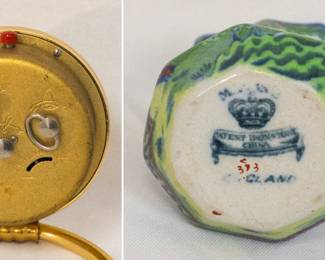 Closeups of A 1970s vintage SLAVA soviet tabletop alarm clock, mechanical, made in USSR; an antique C. 1830-48 Mason's Ironstone pitcher or jug in Blue Willow design with additional colors, marked in black with Mason's Patent Ironstone China, England, with crown and swag banner