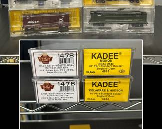 Broadway Limited GACX 53'6" Wood Express Refrigerator Car PFE 2-Car Set, #701/799, Dark Olive, HO; KADEE Monon Road #843 40' PS-1 Standard Boxcar Single 6' Door 4013, Kadee Delaware & Hudson 40' PS-1 Standard Boxcar Single 6' Door 4004