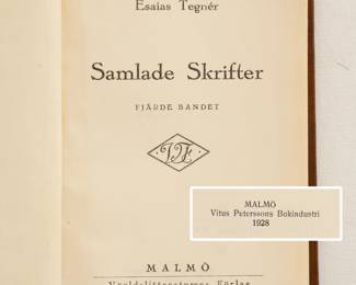 Inside pages of Esaias Tegner Collected Writings, 7 volumes, hardcover, published 1928 by World Literature Publishing House, Sweden