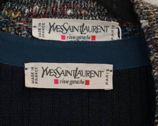 Closeup of Yves Saint Laurent sweater set vest and cardigan, made in France