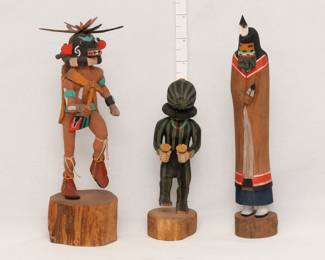 Native America art - three Hopi Kachina dolls, hand crafted, each signed by artist