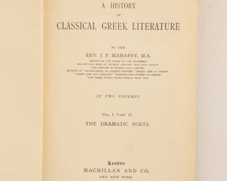 Inside page of A History of Classical Greek Literature by the Rev. J. P. Mahaffy, Volume I, hardcover, published 1895 by MacMillan And Co.