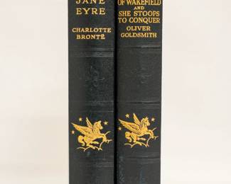 Jane Eyre by Charlotte Bronte, and The Vicar of Wakefield and She Stoops to Conquer by Oliver Goldsmith, hardcover, published 1933 by Daily Express Publications, London
