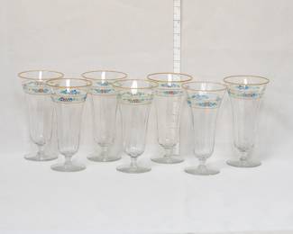 Set of 6 vintage gold trimmed optic panel wine or juice glasses with hand painted floral swag decoration