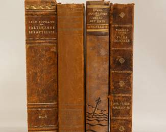 Faltslarms Berattelser av Zacharias Topelius, Vol. III and IV in one volume, hardcover published 1931 by Ahlen & Akerlunds Forlag, Sweden; Lille Pierre by Anatole France, published 1929 by Varldslitteraturens Forlag, Sweden; Skrifter av Albert Engstrom Hemma Och Pa Luffen, hardcover, published 1939 by Albert Bonniers Forlag, Sweden; Valda Romaner V, Dar, Varest Karleken Ar, by William J. Locke, Translated from English by G. Ringertz, hardcover, published 1927 by B. Wahlstroms Bokforlag, Sweden
