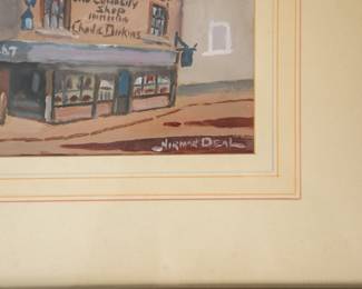 Closeup of the framed color print of The Old Curiosity Shop by Norman Deal