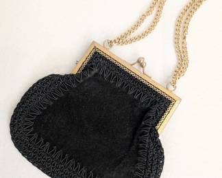 A charming vintage Mister Simon Ernest black suede evening bag with gold tone chain and snap closure
