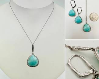 A graceful 14k white gold, Larimar and diamond faceted teardrop pendant necklace and earrings set. Larimar is a rare blue variety of the mineral pectolite, found only in the Dominican Republic!