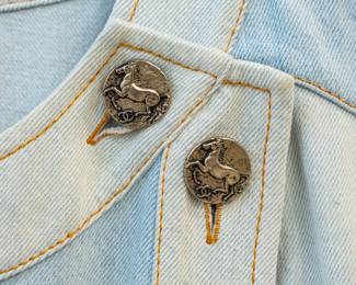 Closeup of Chanel denim dress with gold buttons, size 44