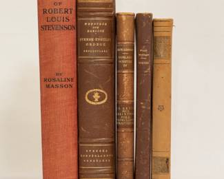 The Life of Robert Louis Stevenson by Rosaline Masson, hardcover, published 1924 by W. & R. Chambers, Ltd., Great Britain; A Swedish-English Dictionary by O. Edmund Wenstrom and Walter E. Harlock, hardcover, published 1929 by P. A. Nordstedt & Soners Forlag, Sweden; Samlade Skrifter av Jack London, hardcover, published 1917 by Bohlin & Co., Sweden; Dikter Wenzel Bjorkhagen, hardcover, published 1928 by Oskar Eklunds Bokforlag, Sweden; Charles Dickens Pickwickklubbens, hardcover, published 1929 by Warldslitteraturens Forlag, Sweden