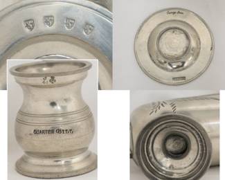 Closeup of the selection of antique and vintage pewter and silver plated items including a silver-plated sugar scuttle, a antique English pewter measure, also known as a tankard, with quart capacity; a set of four antique pewter quarter gill measure cups, historically used in British pubs and bars for spirits