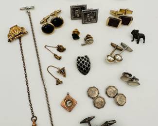 Cool variety of mens vintage cuff links, pins including a Mack Truck bulldog and vintage high school and fraternity pins, watch chains, a compass pendant, and antique pince nez with attached retractable chain fob