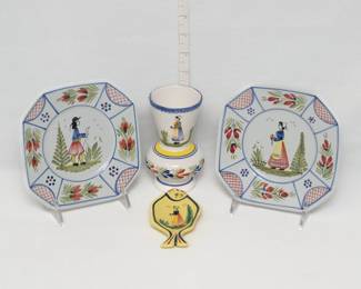 Vintage hand-painted French faience pottery - HB Henriot Quimper pair of Mistral Blue plates, a Henriot Quimper bud vase, and a Henriot Quimper small fish-shaped dish 