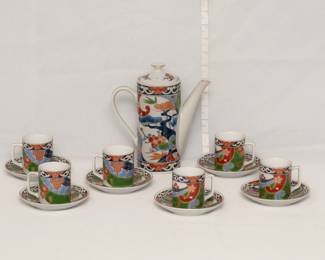 Vintage Japanese Tachikichi porcelain coffee/tea set, includes 6 cups and saucers and a tall lidded tea pot.
