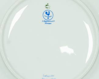 Closeup of French Limoges Ceralene porcelain from A. Raynaud et Cie in the 'Lafayette' pattern, includes 8 dinner plates, 7 salad plates, coffee pot, 8 coffee cups with saucers